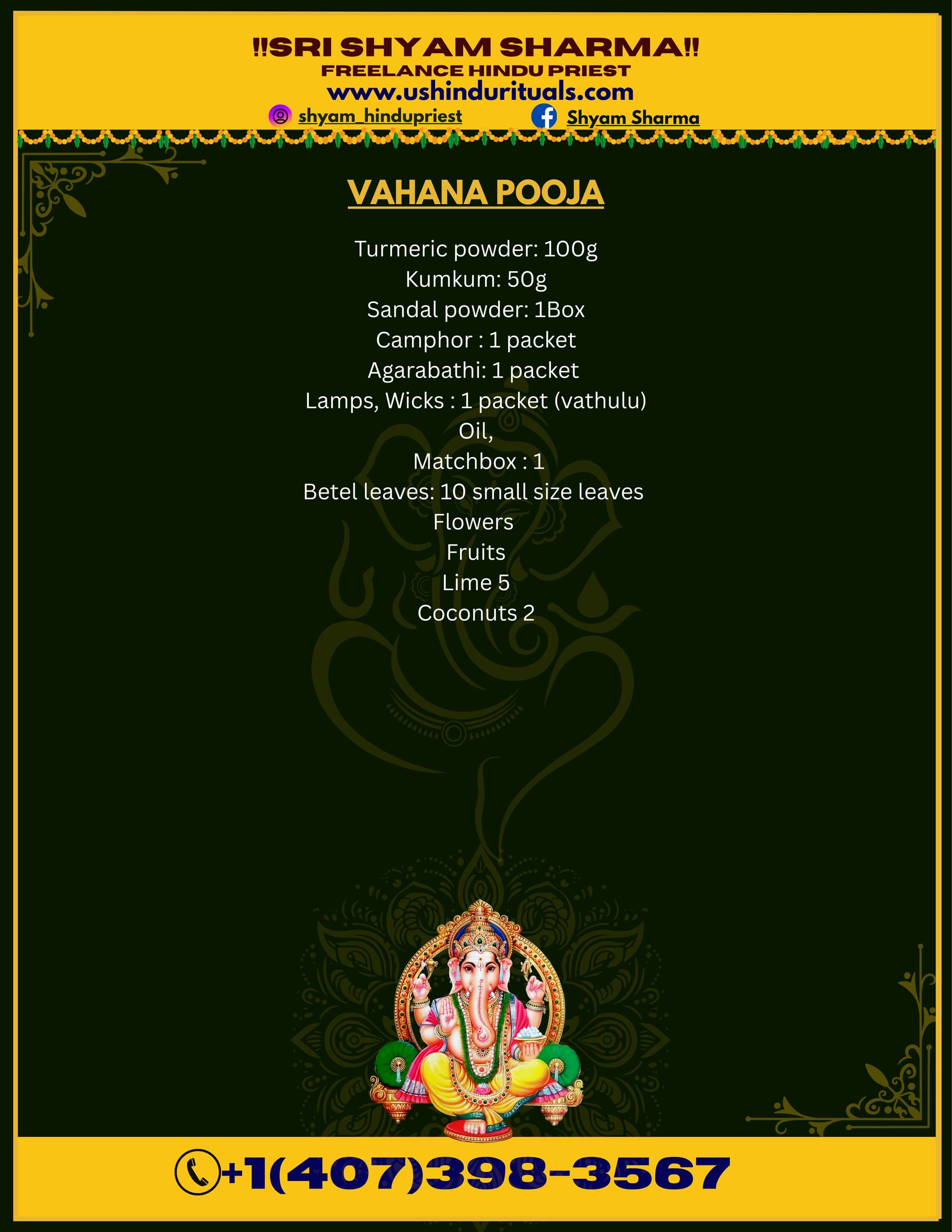 Vahana Pooja (New Vehicle Pooja) — pooja items list